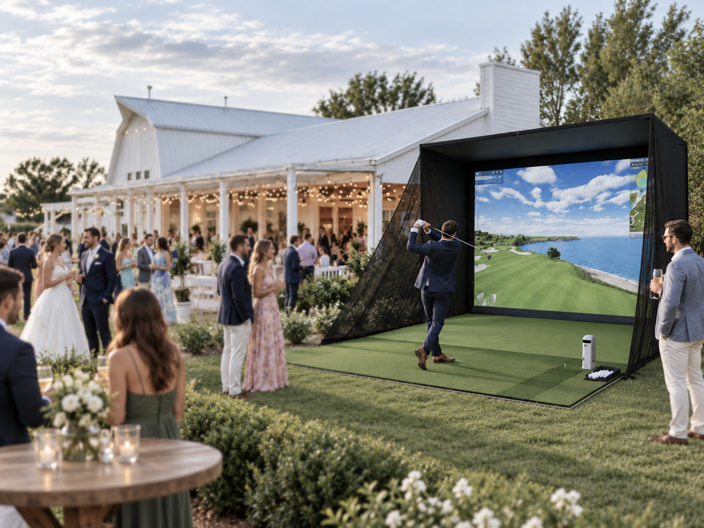 Guests gathering around a mobile golf simulator at an outdoor event